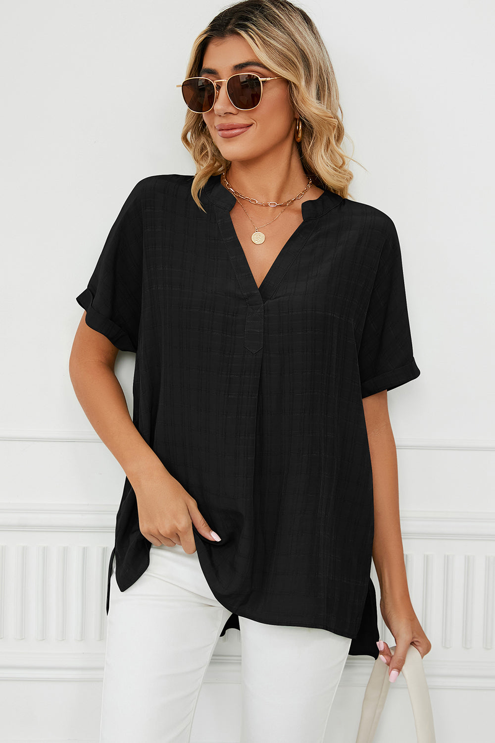 Ruched Notched Short Sleeve Blouse