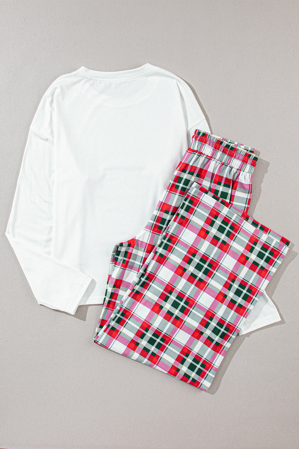 MERRY CHRISTMAS Round Neck Top and Plaid Pants Set