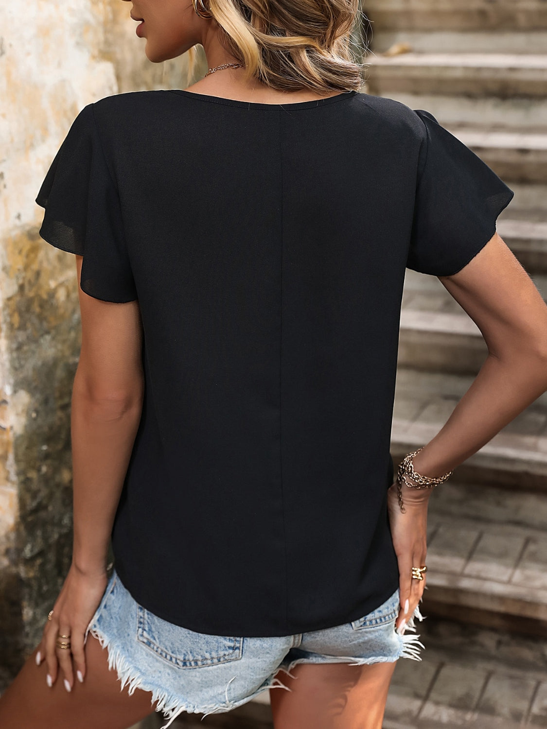 Decorative Button Round Neck Short Sleeve Blouse