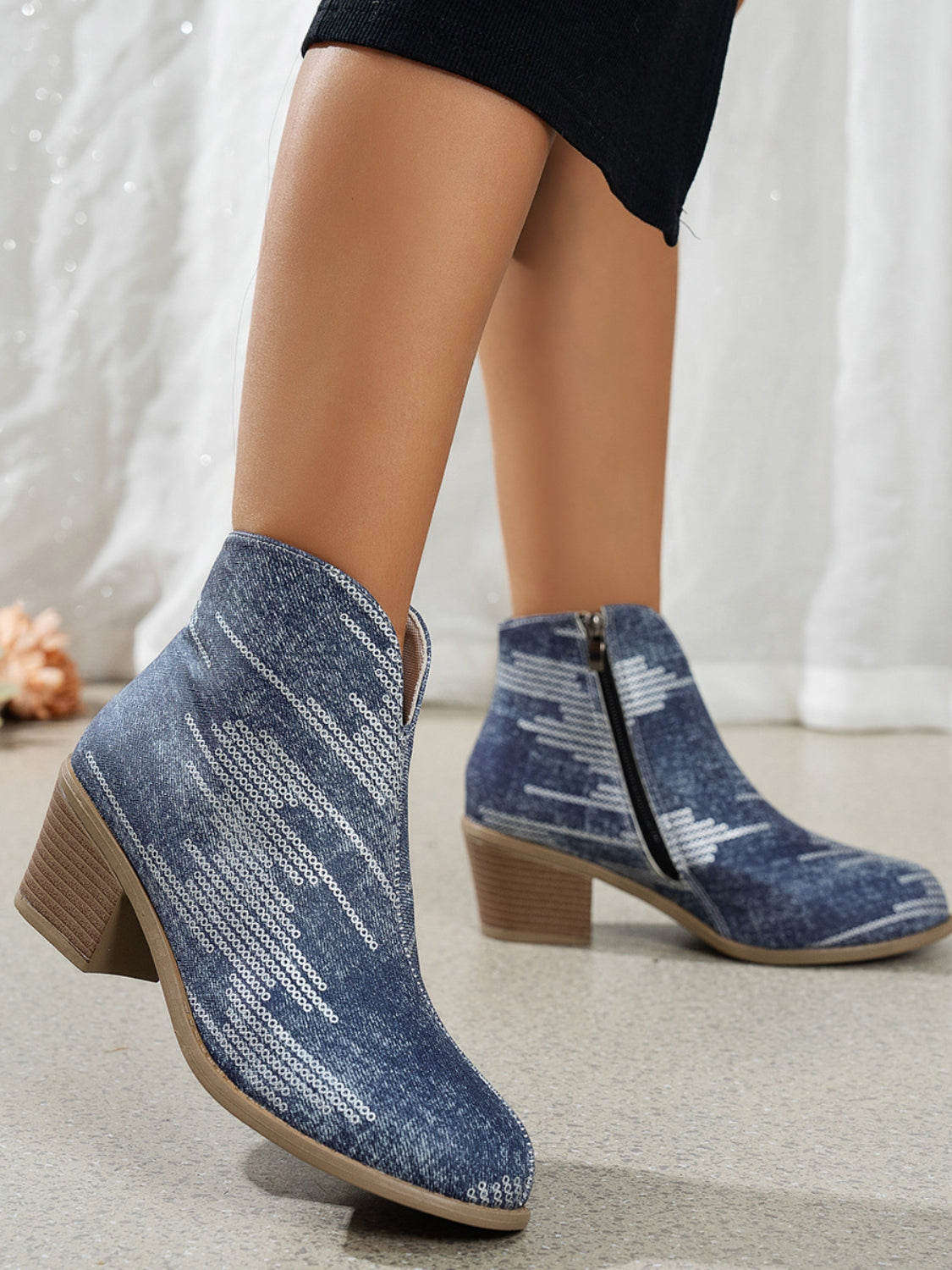 Printed Block Heel Boots with Side Zip