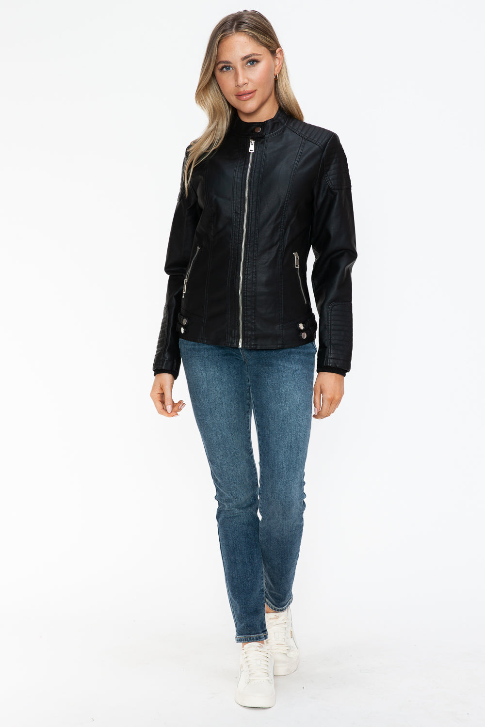 Snobbish Faux Leather Biker Jacket with Side Zip Pockets