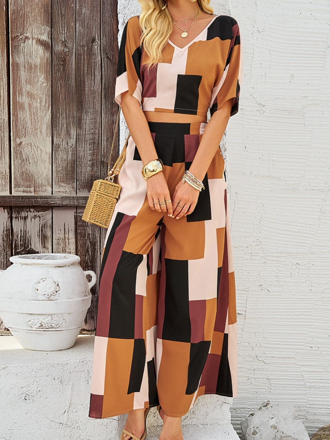 Color Block V-Neck Top and Wide Leg Pants Set