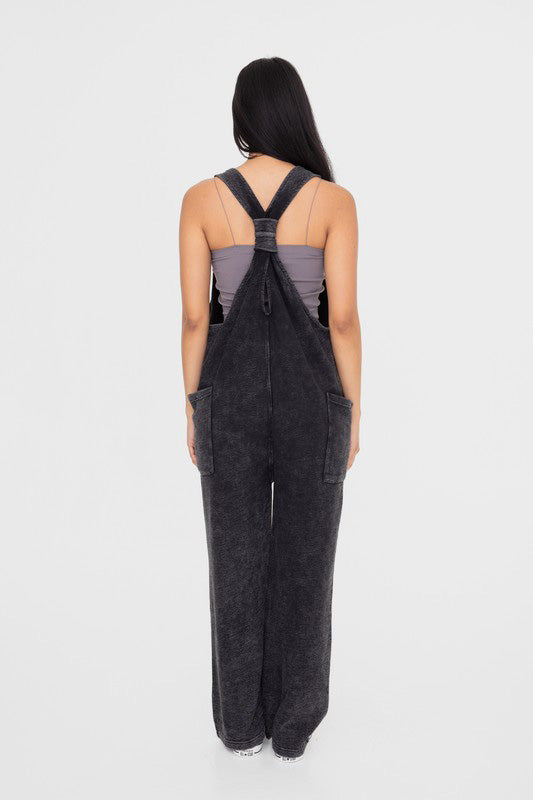 Mono B Mineral-Washed V Neck Overalls with Pockets