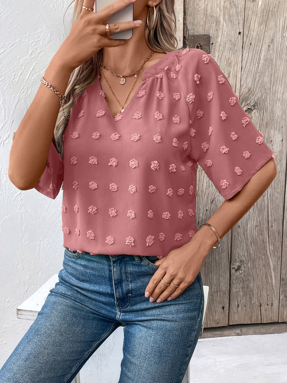 Swiss Dot Notched Half Sleeve Blouse