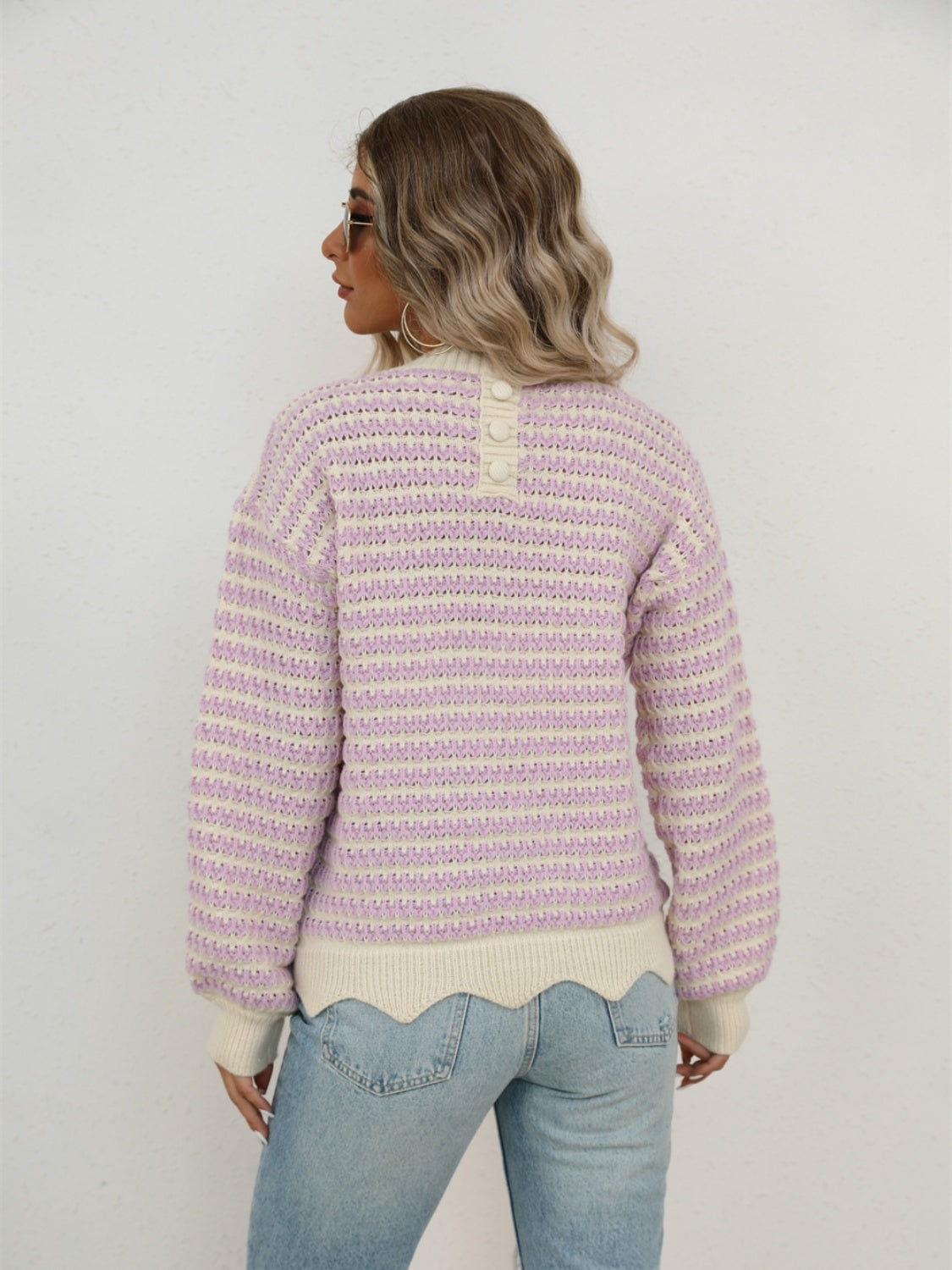 Angel Wings Striped Buttoned Round Neck Sweater