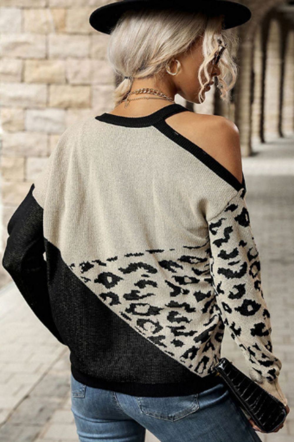 Perfee Leopard Color Block Cold-Shoulder Sweater