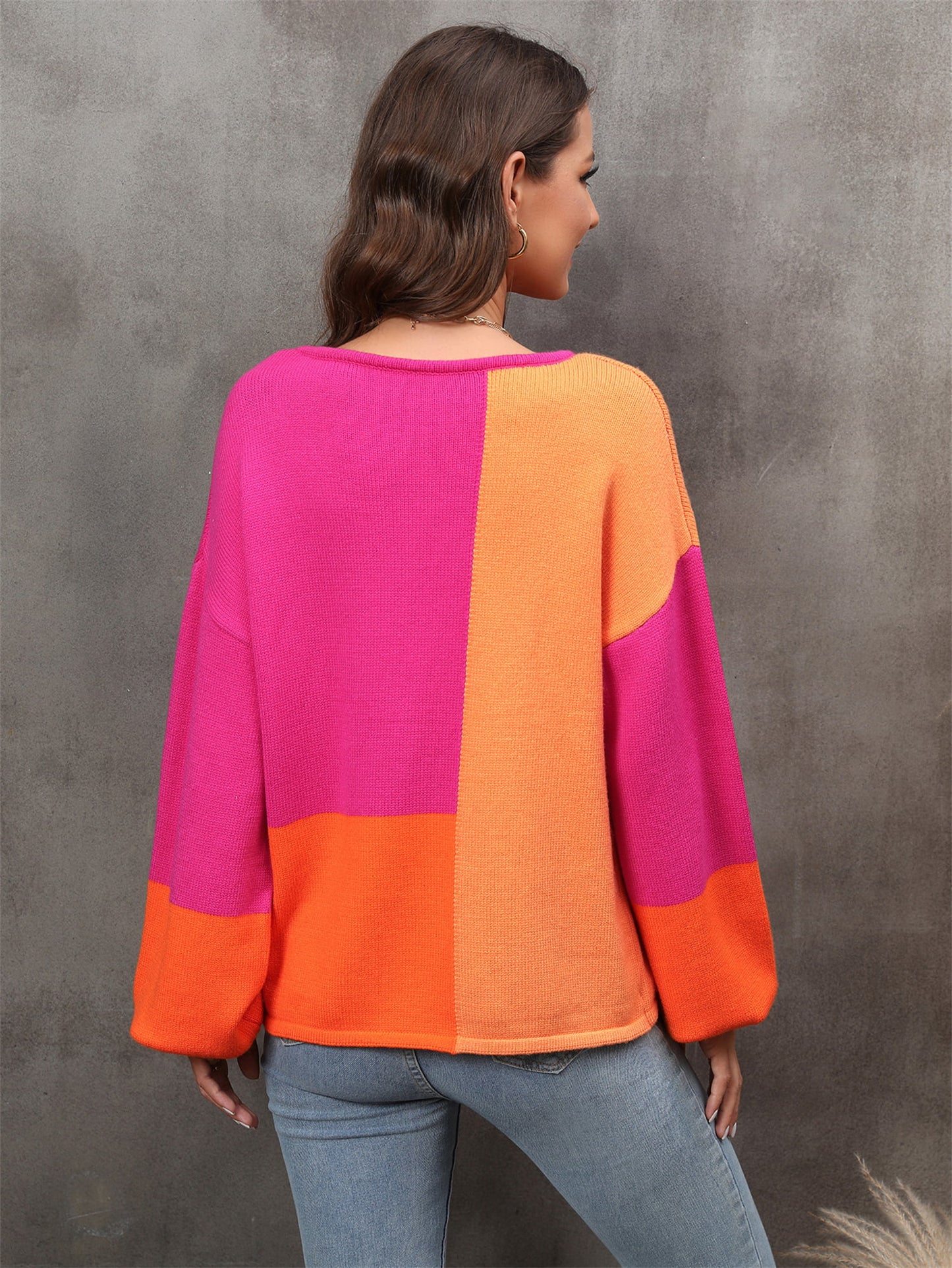 Angel Wings Color Block Round Neck Dropped Shoulder Sweater