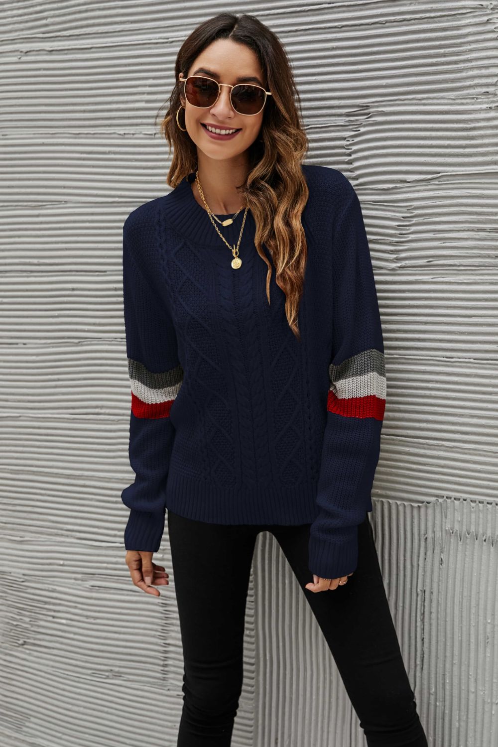 Feeling You Best Striped Cable-Knit Round Neck Sweater