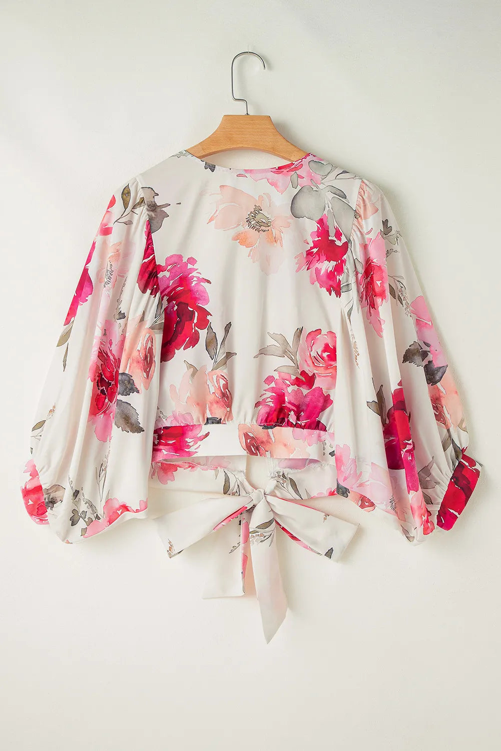 Tied Floral Round Neck Three-Quarter Sleeve Blouse