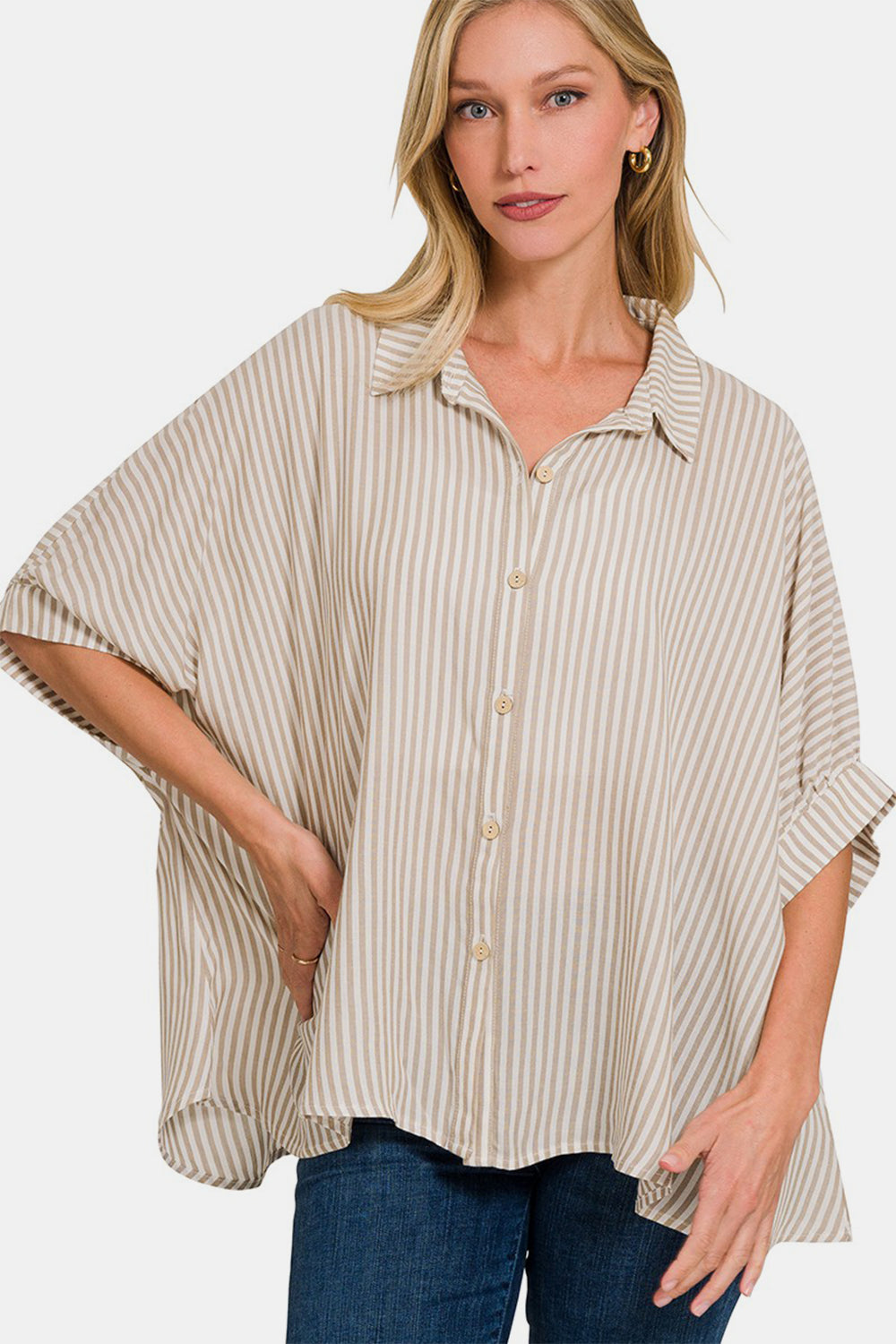 Zenana Striped Button Up Half Sleeve Shirt