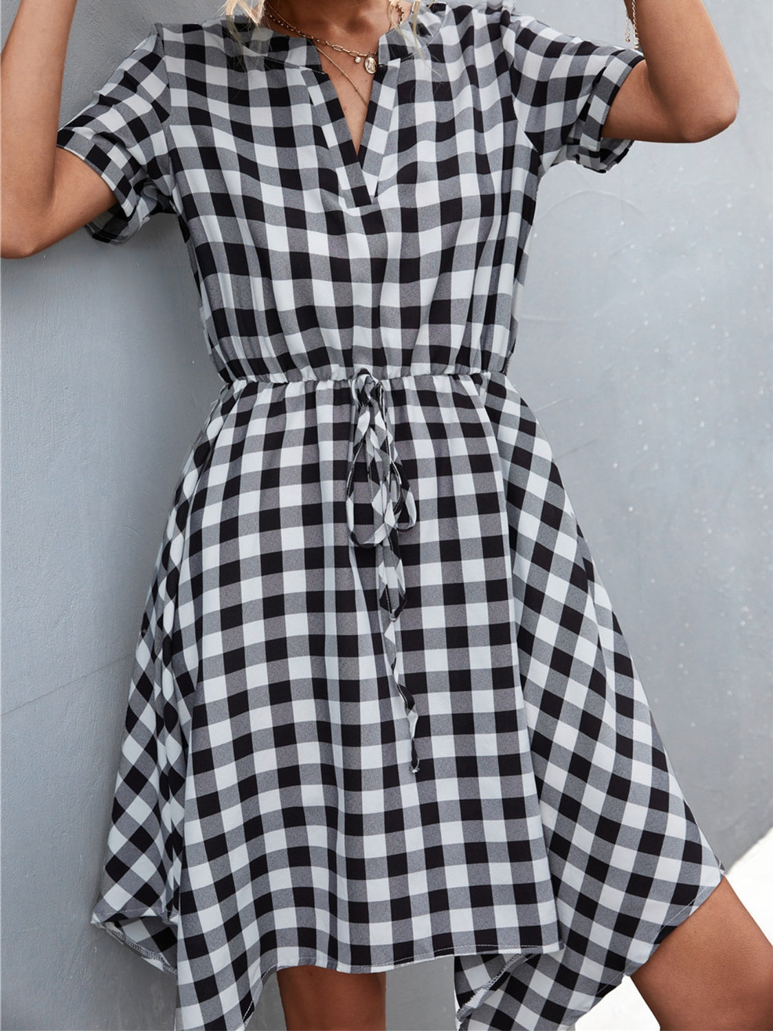 Plaid Notched Short Sleeve Dress