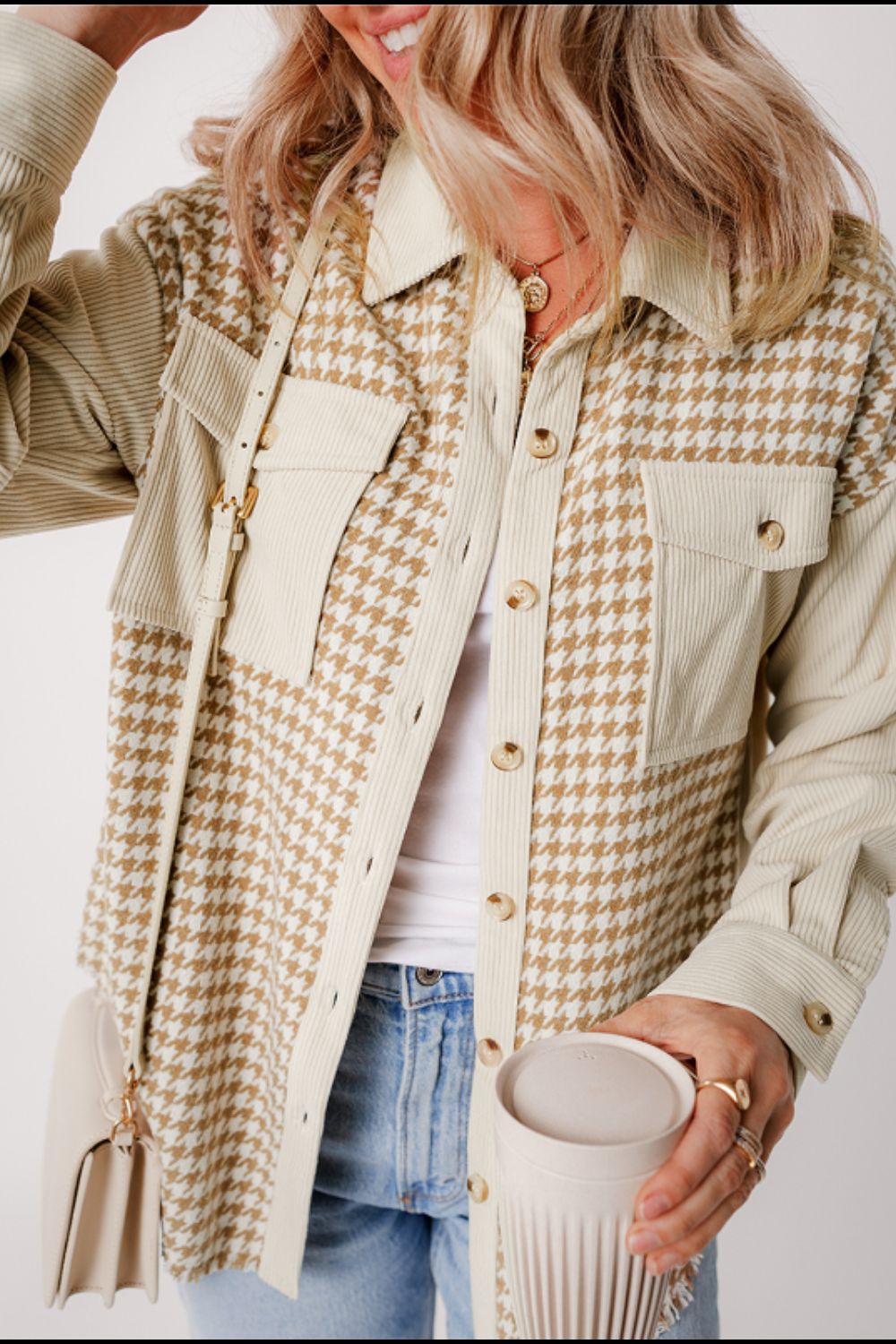 Houndstooth Button Up Long Sleeve Jacket