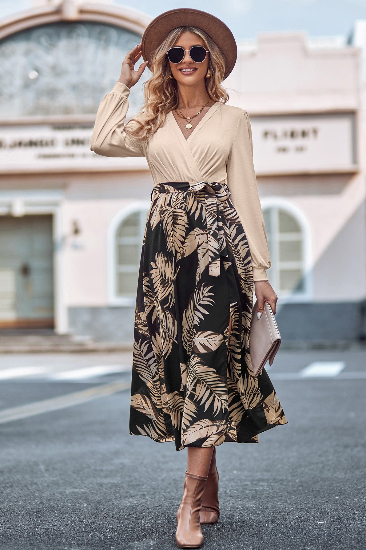 Printed Tie Waist Long Sleeve Dress