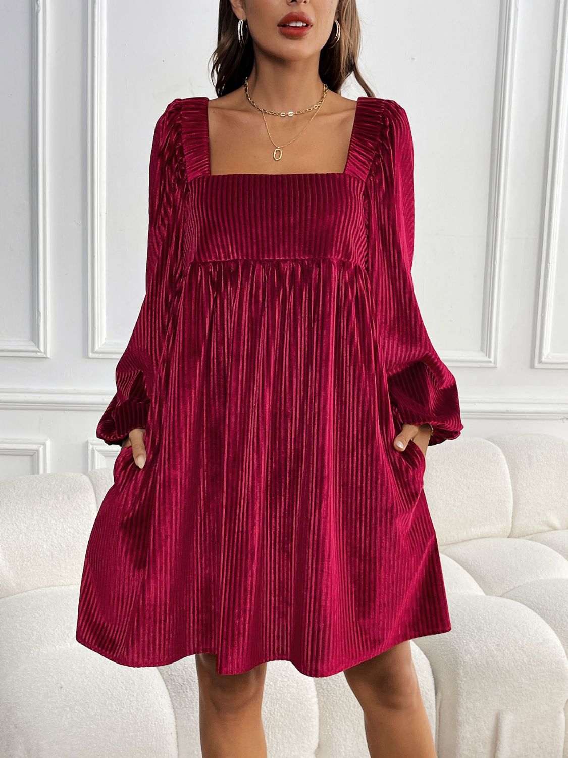 Perfee Tied Pocketed Square Neck Long Sleeve Dress