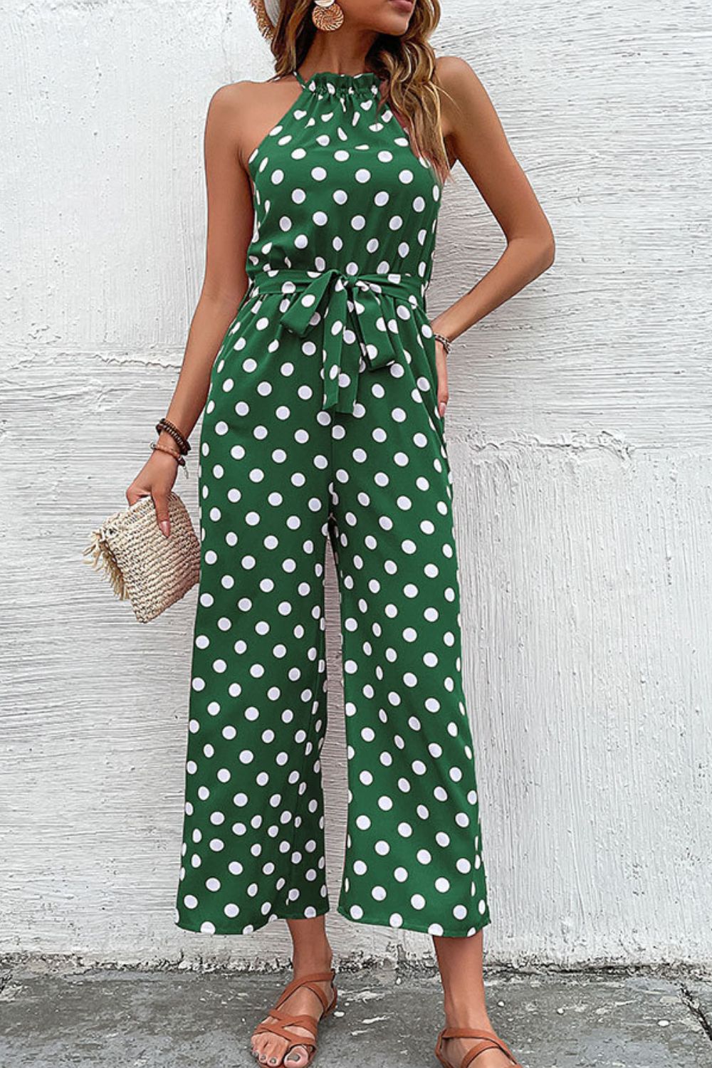 Polka Dot Grecian Wide Leg Jumpsuit