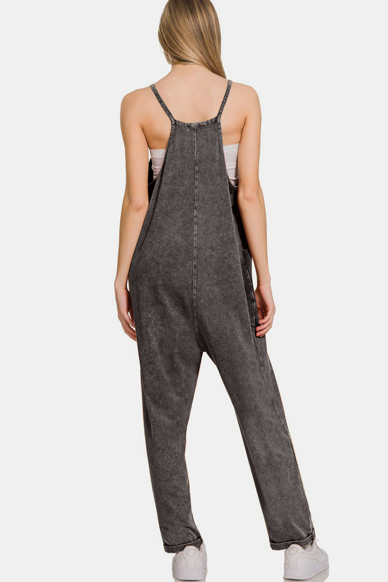 Zenana Washed Spaghetti Straps Overalls with Pockets