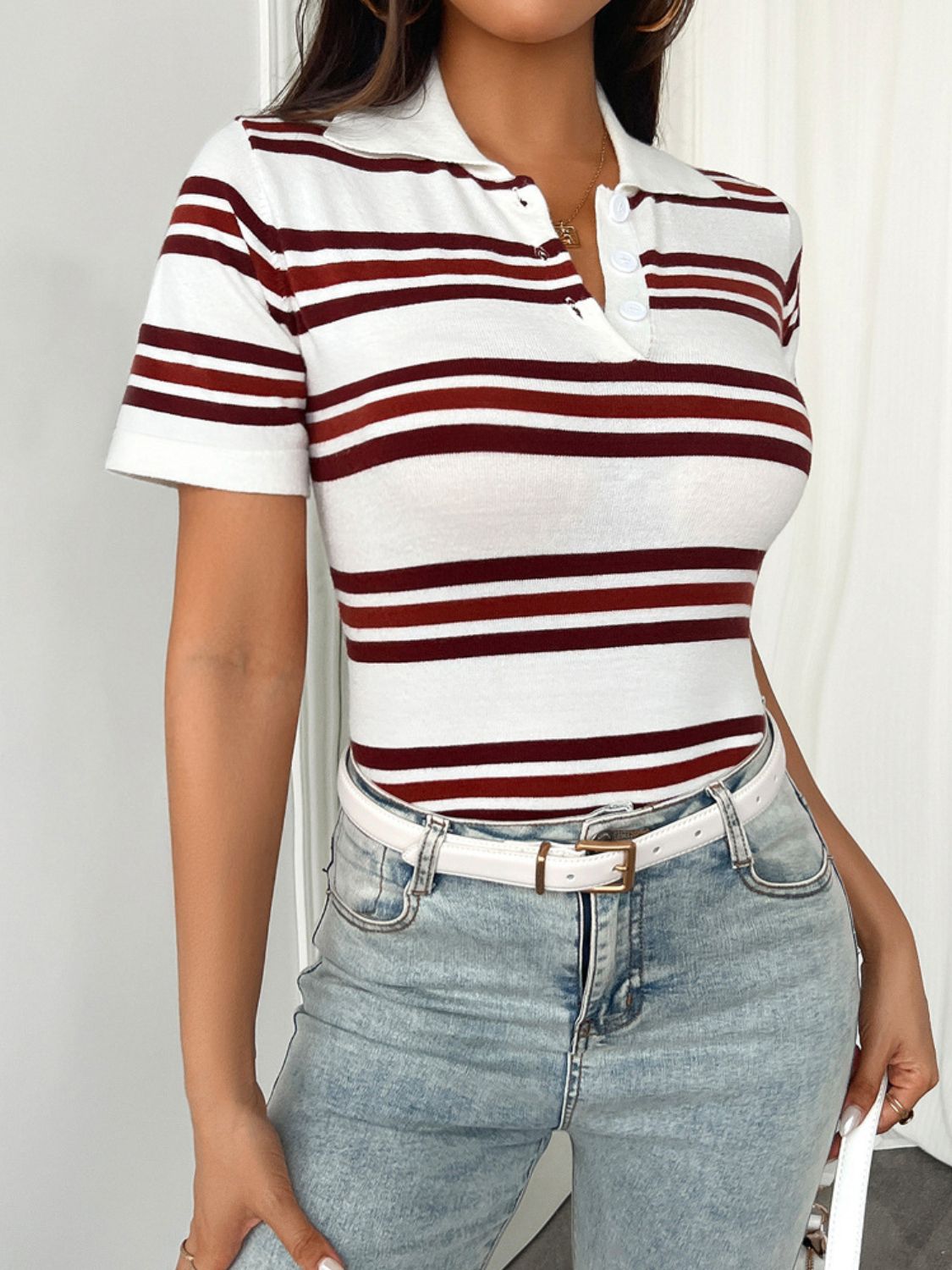 Devine Striped Collared Neck Short Sleeve T-Shirt