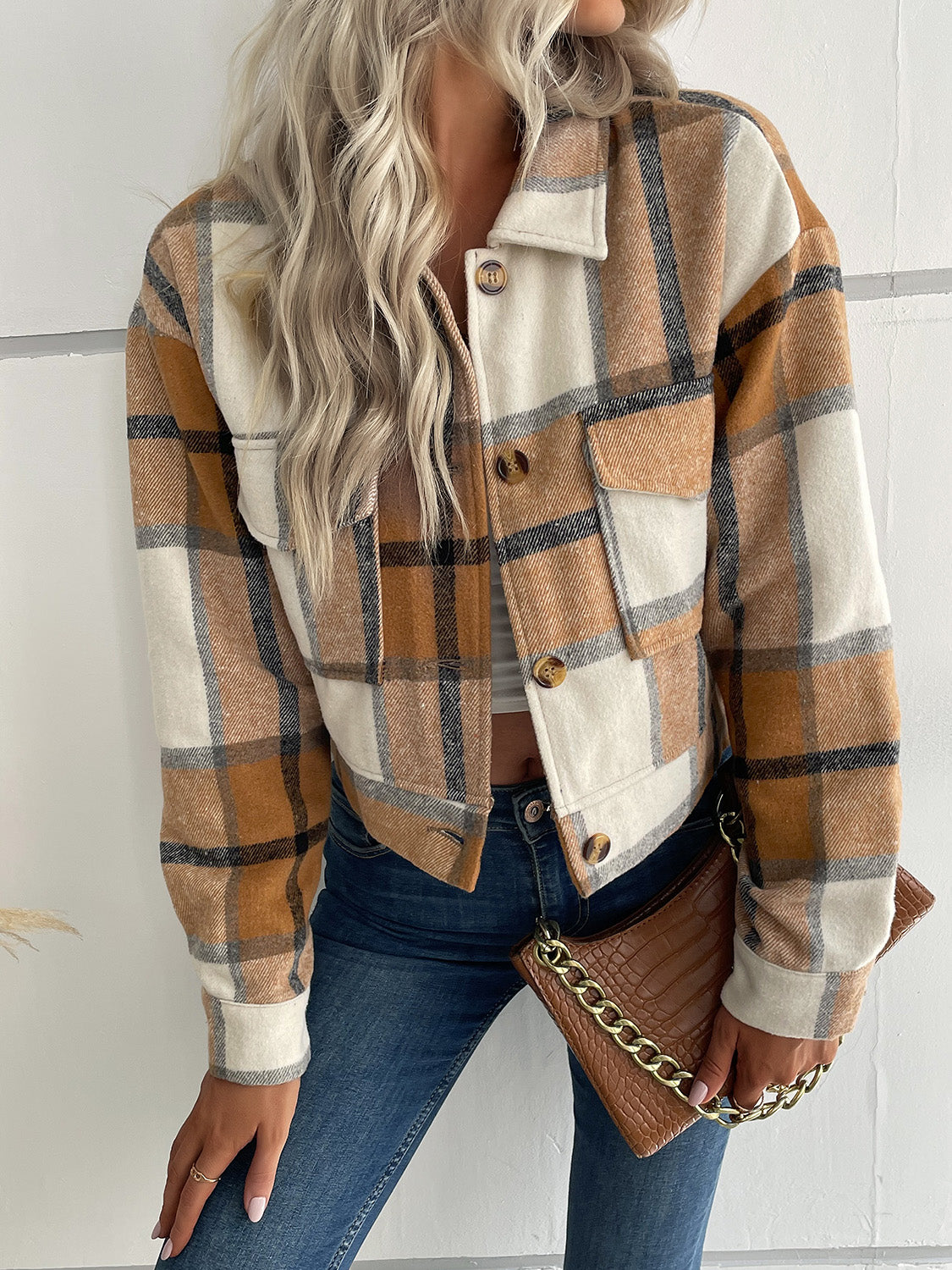 Perfee Plaid Button Up Drop Shoulder Cropped Jacket