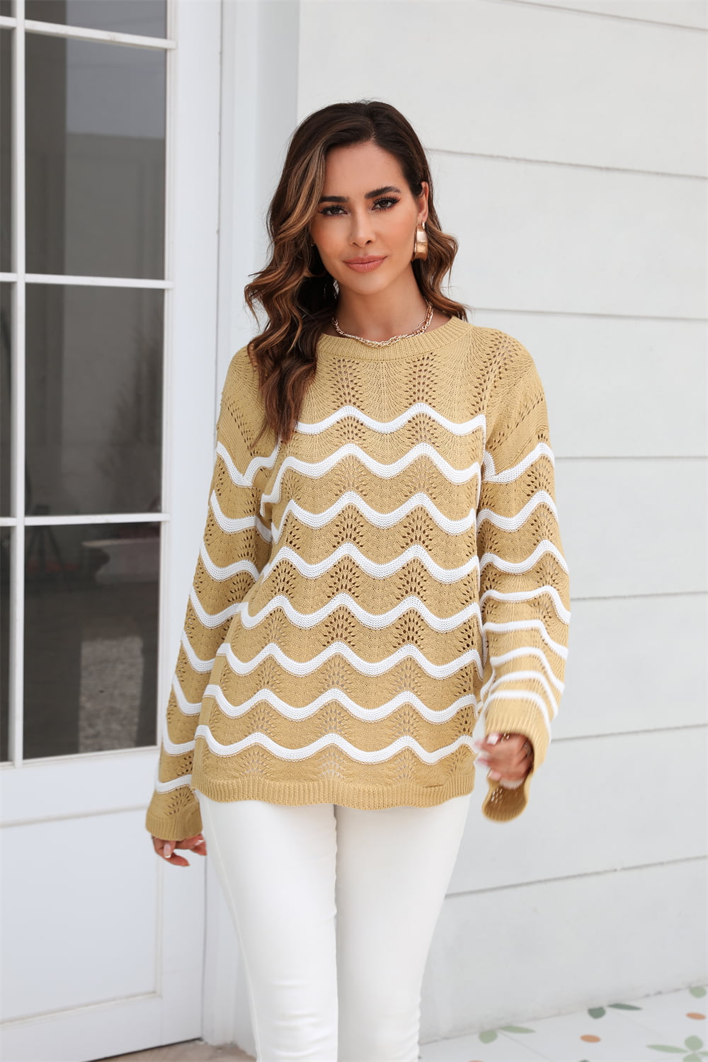 Angel Wings Wave Pattern Round Neck Long Sleeve Sweater