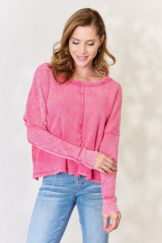 Zenana Washed Waffle-Knit Long Sleeve Top