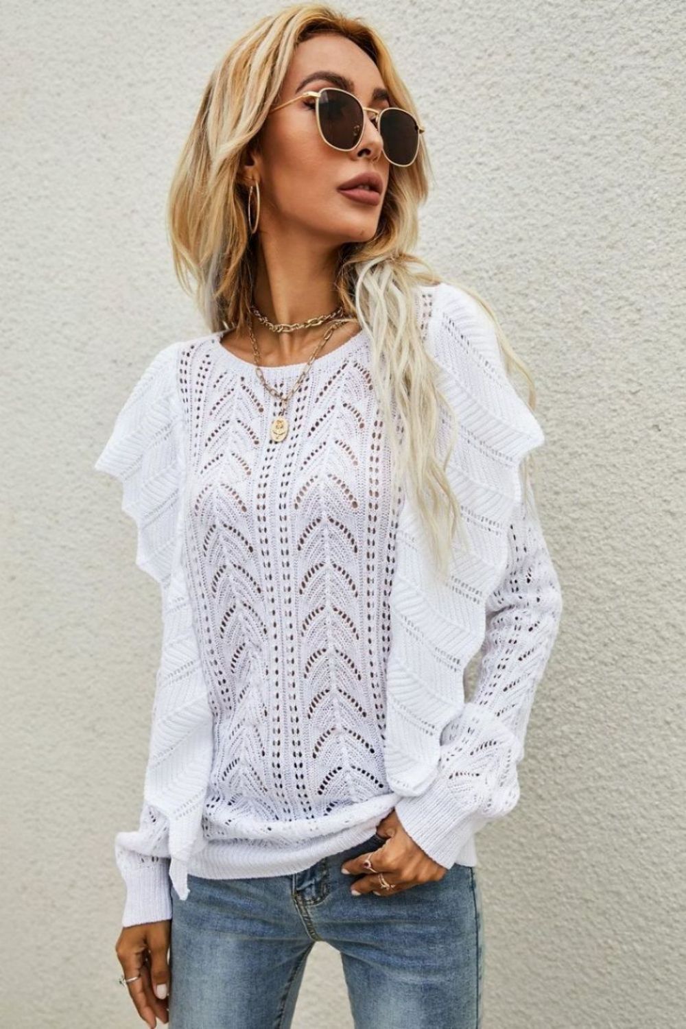 Angel Wings Openwork Round Neck Ruffled Sweater