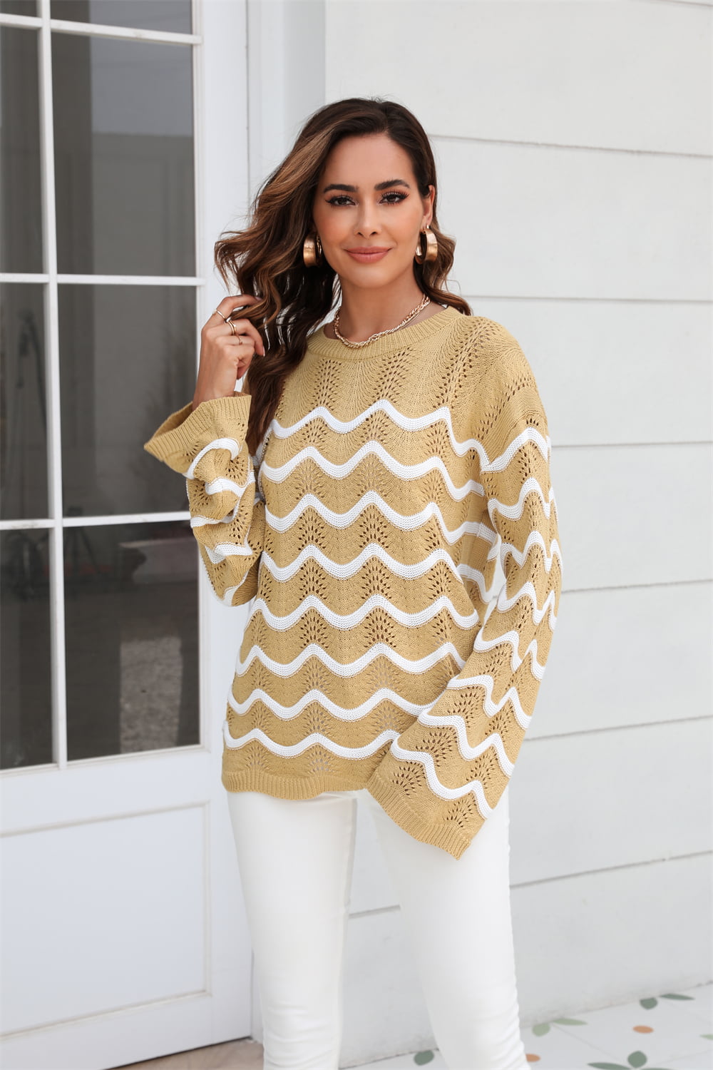 Angel Wings Wave Pattern Round Neck Long Sleeve Sweater