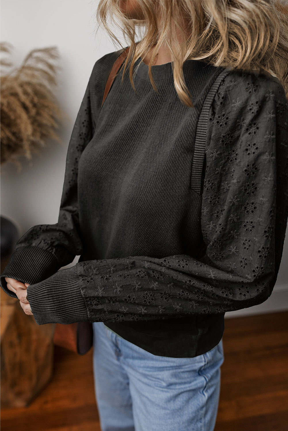 Eyelet Round Neck Long Sleeve Sweatshirt