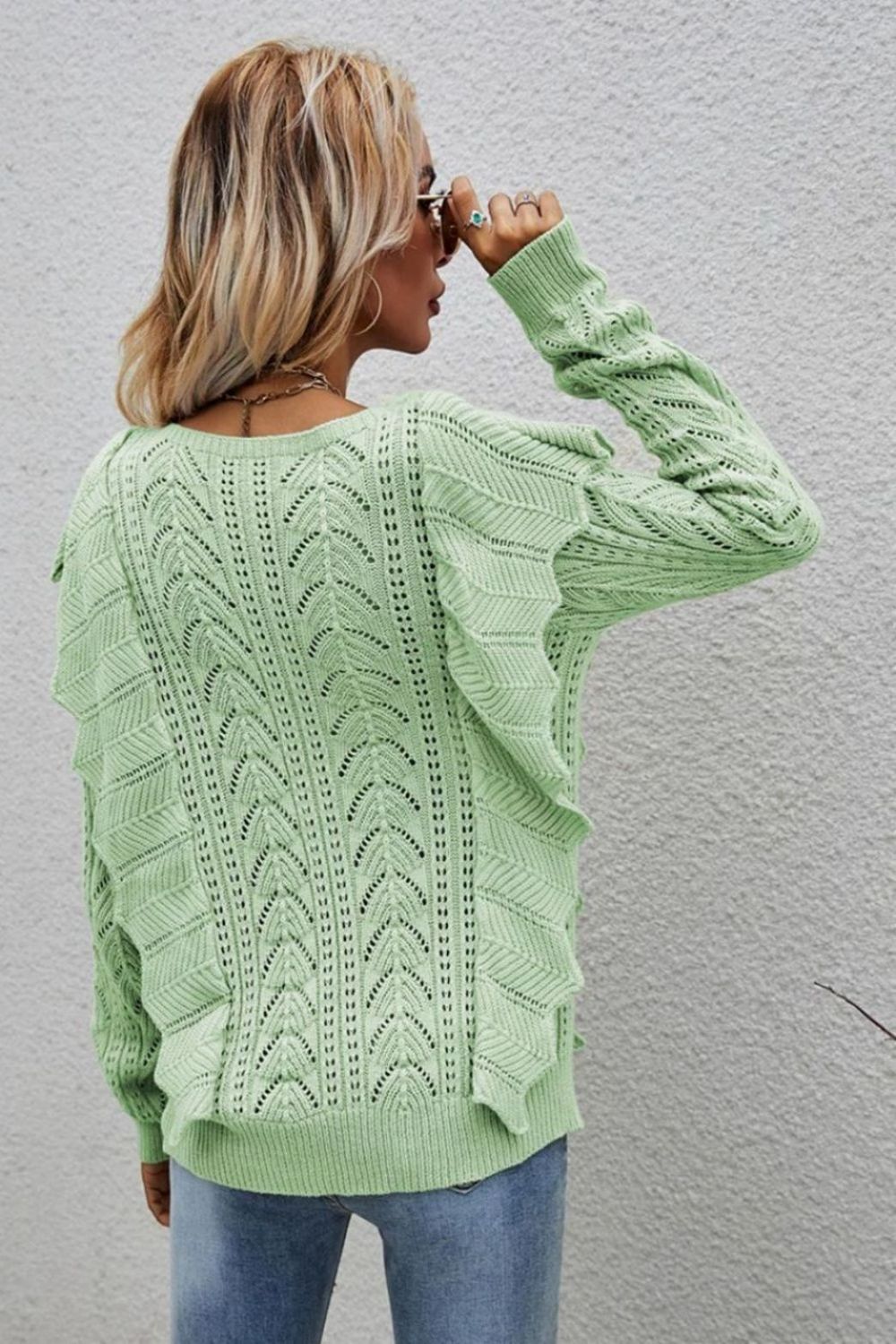 Angel Wings Openwork Round Neck Ruffled Sweater