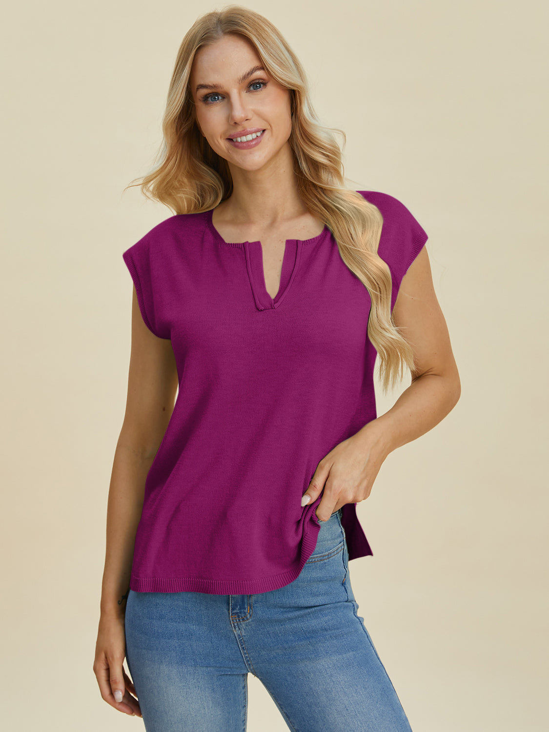 Double Take Full Size Notched Cap Sleeve Knit Top