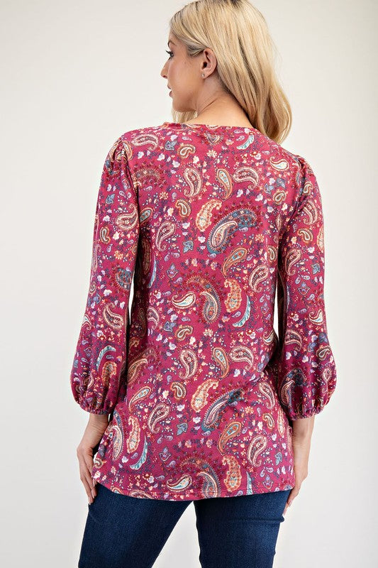 Celeste Full Size Paisley Round Neck Balloon Sleeve Top