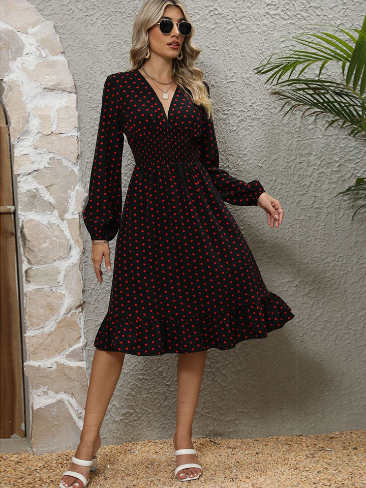 V-Neck Long Sleeve Ruffle Hem Dress