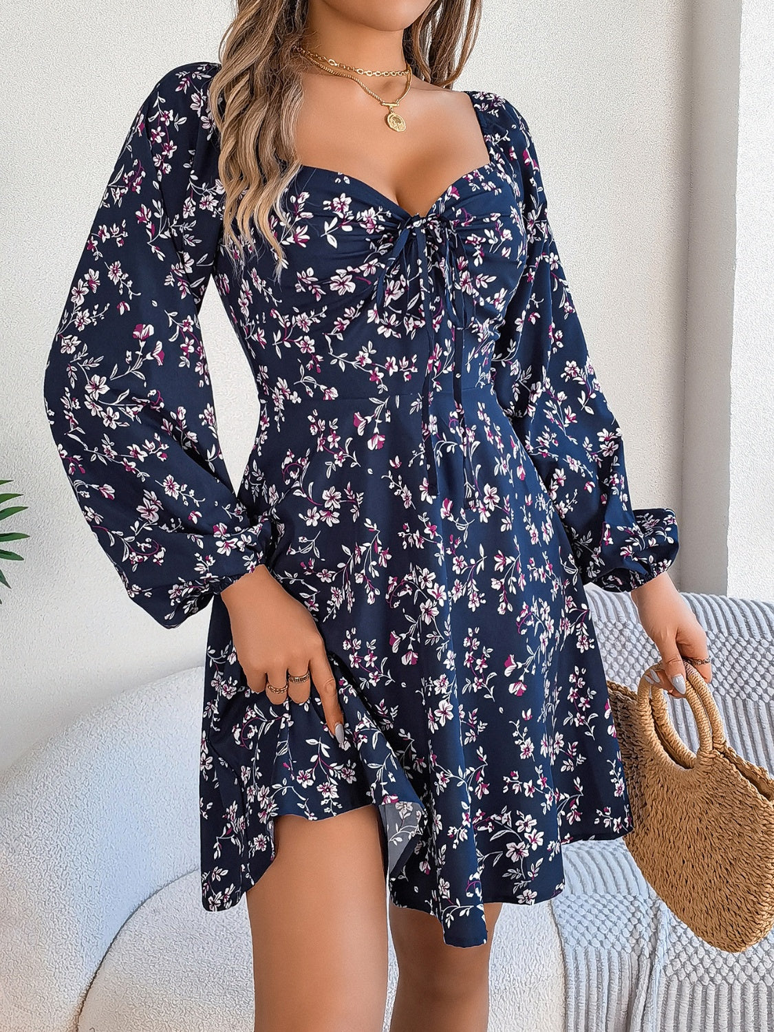 Printed Sweetheart Neck Balloon Sleeve Mini Dress