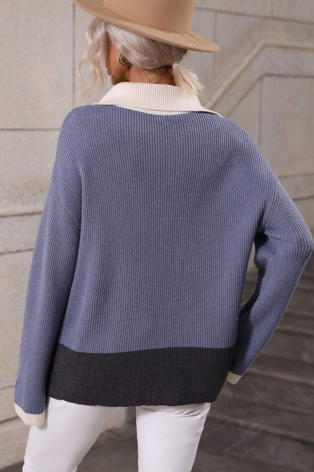 Color Block Half-Zip Dropped Shoulder Knit Pullover