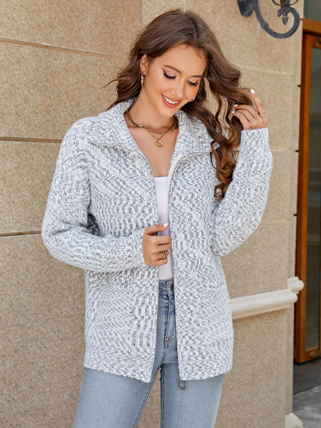 Zip-Up Collared Cardigan with Pockets