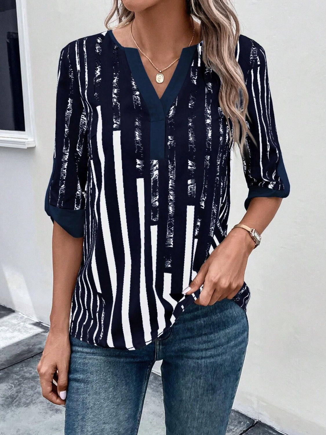 Striped Notched Half Sleeve Blouse