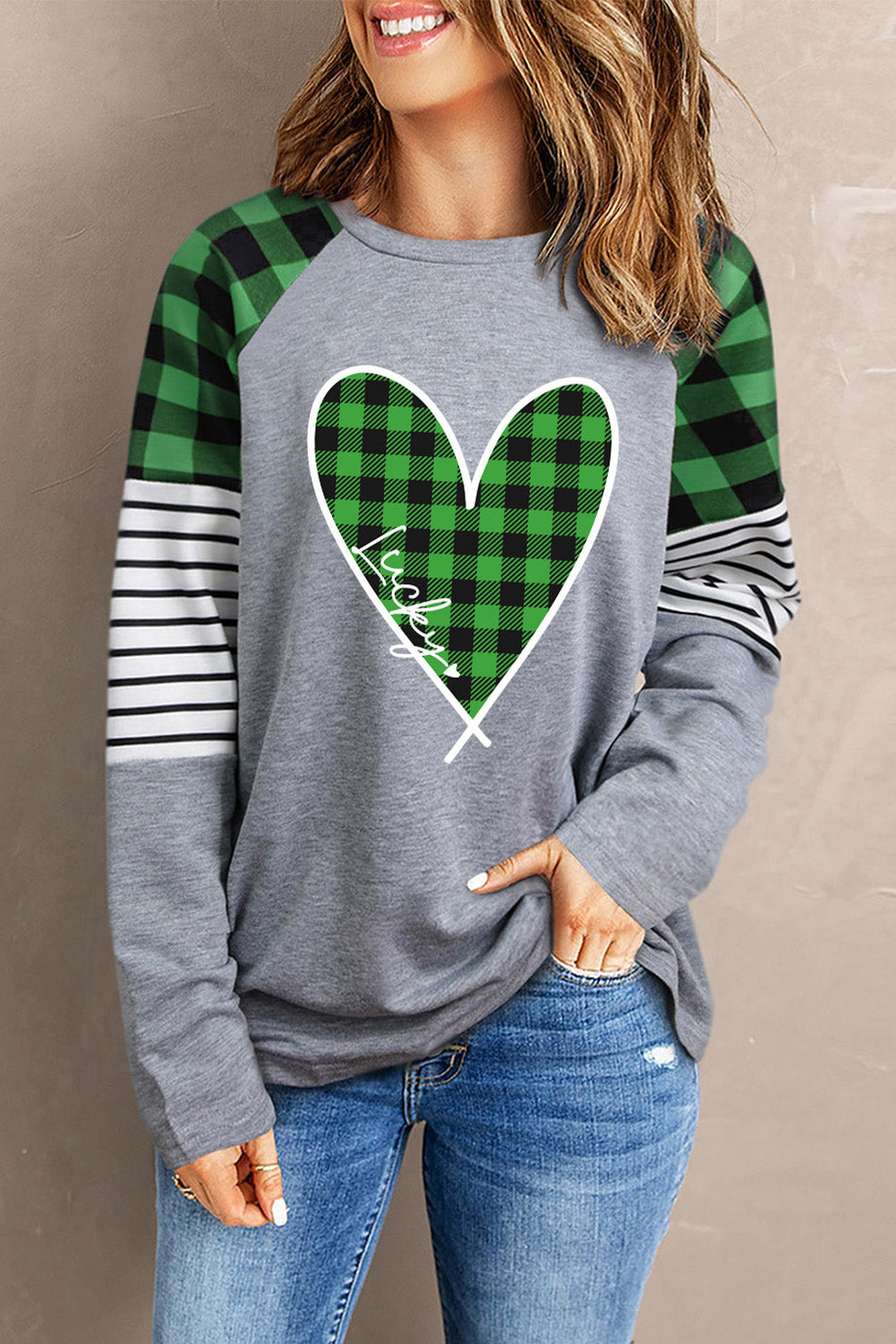 Plaid Heart Raglan Sleeve Sweatshirt