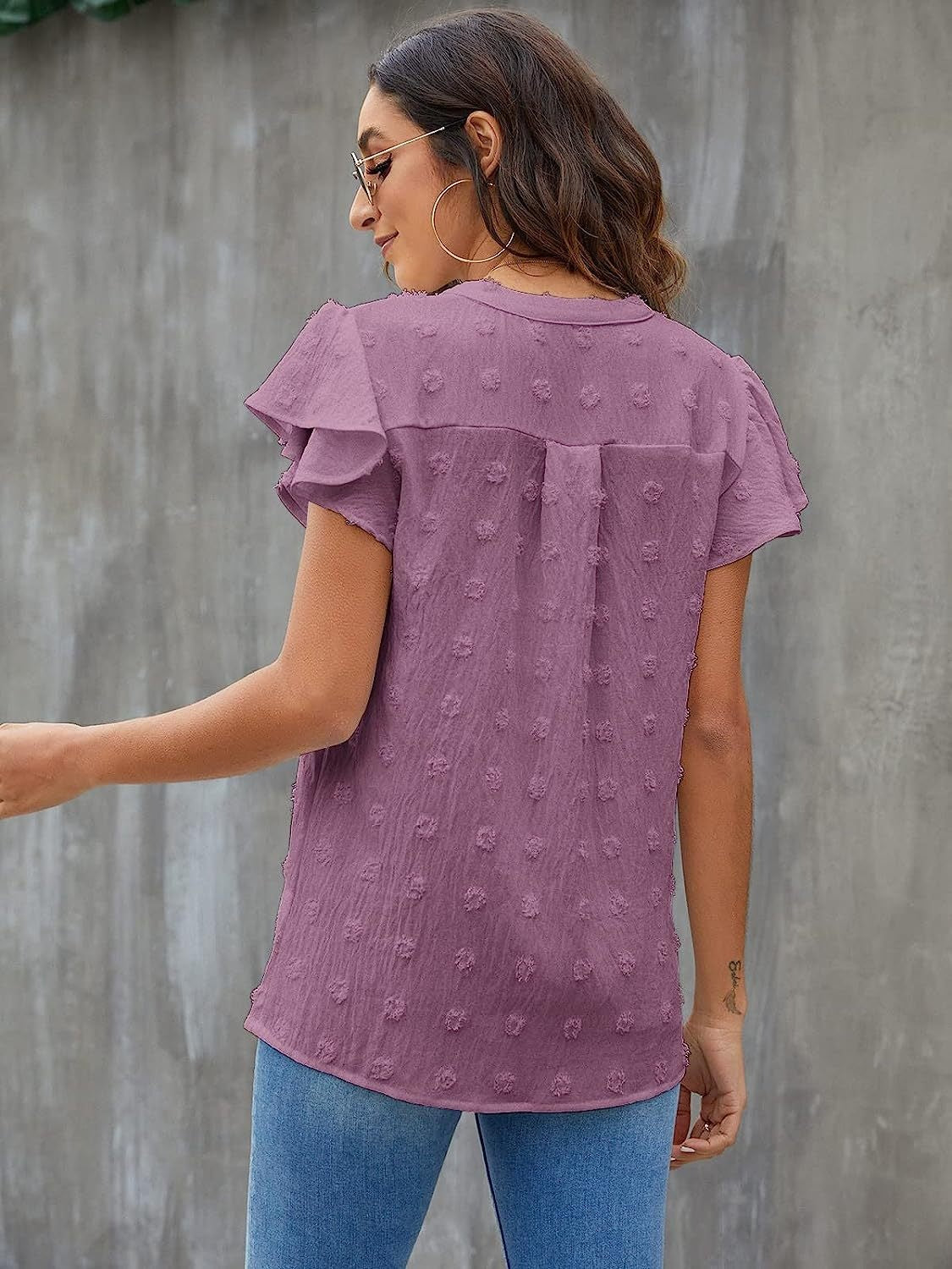 Swiss Dot Notched Cap Sleeve Blouse