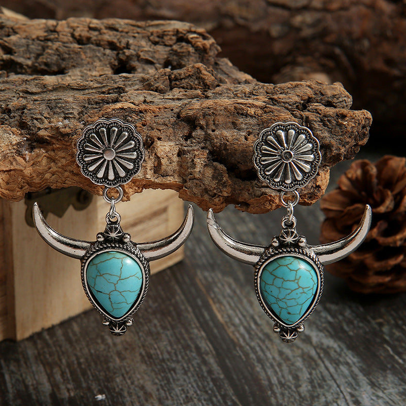 Artificial Turquoise Alloy Cow Head Earrings