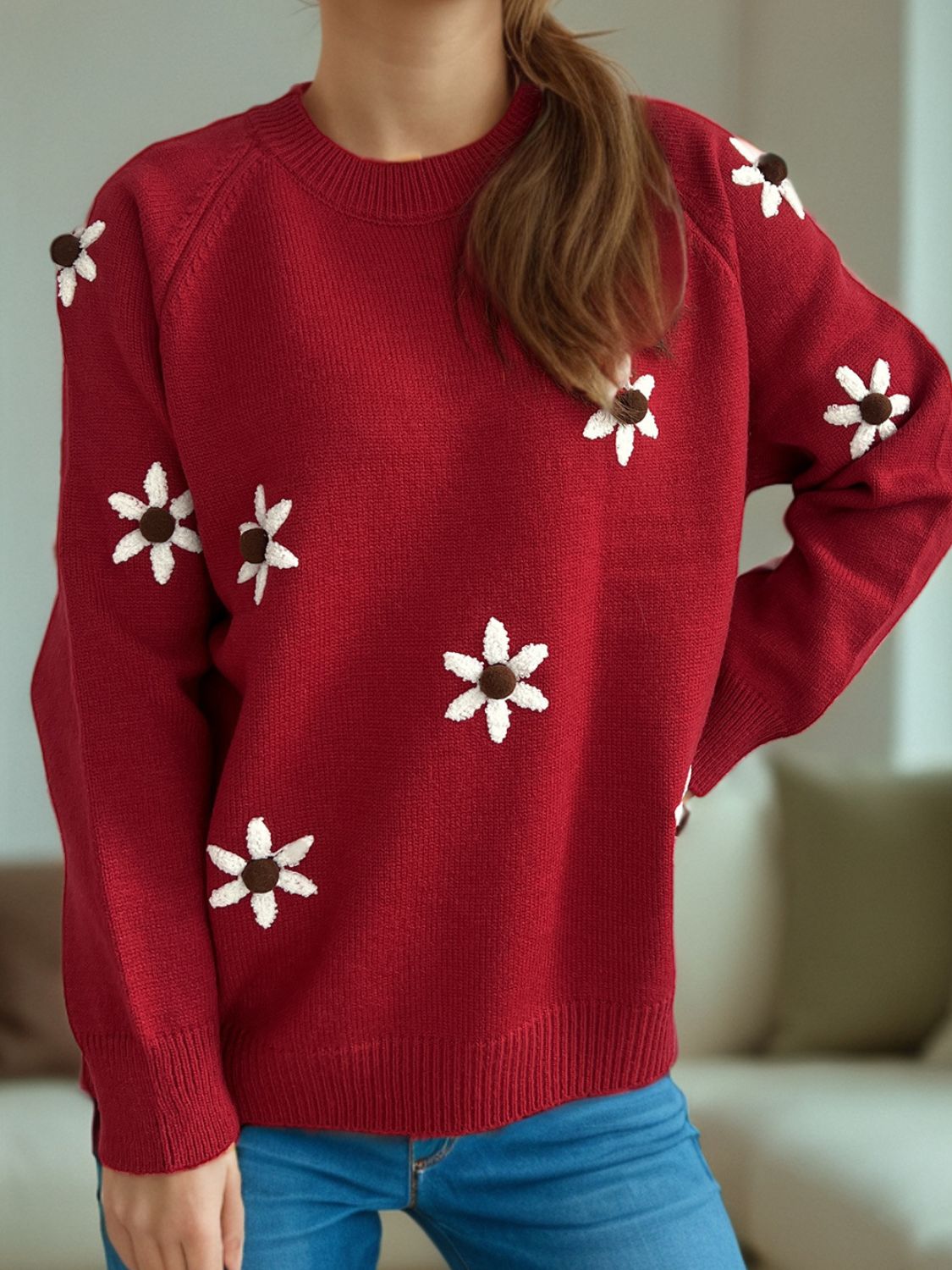 Flower Round Neck Raglan Sleeve Sweater