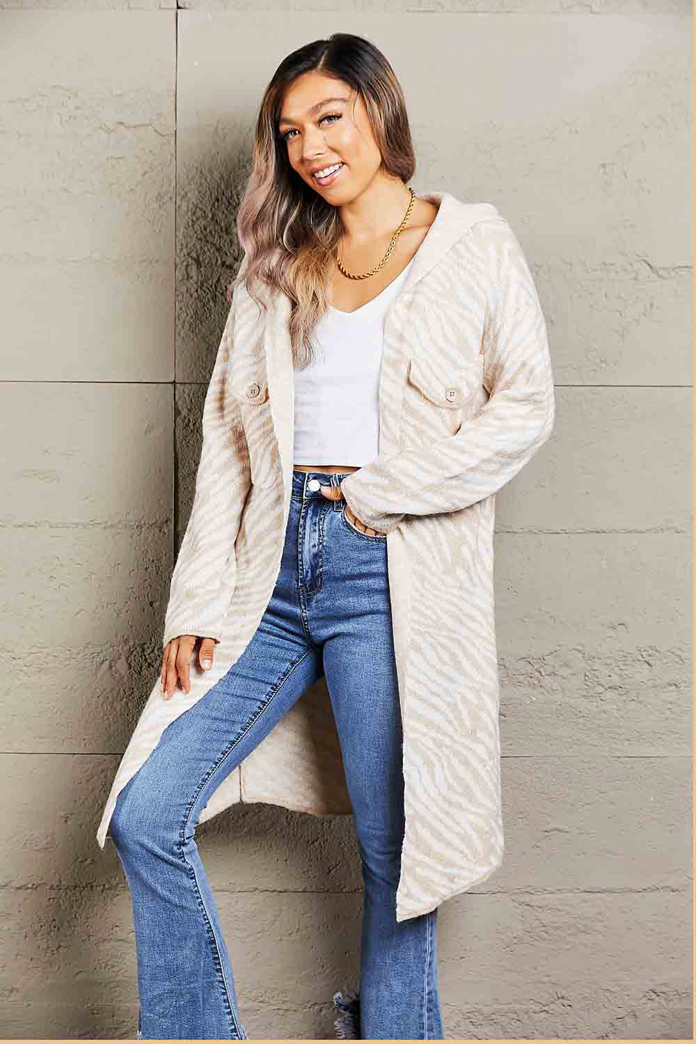 Printed Open Front Hooded Longline Cardigan