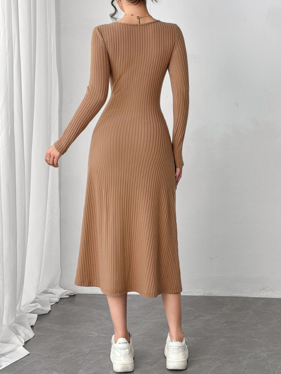 Square Neck Long Sleeve Midi Wrap Dress