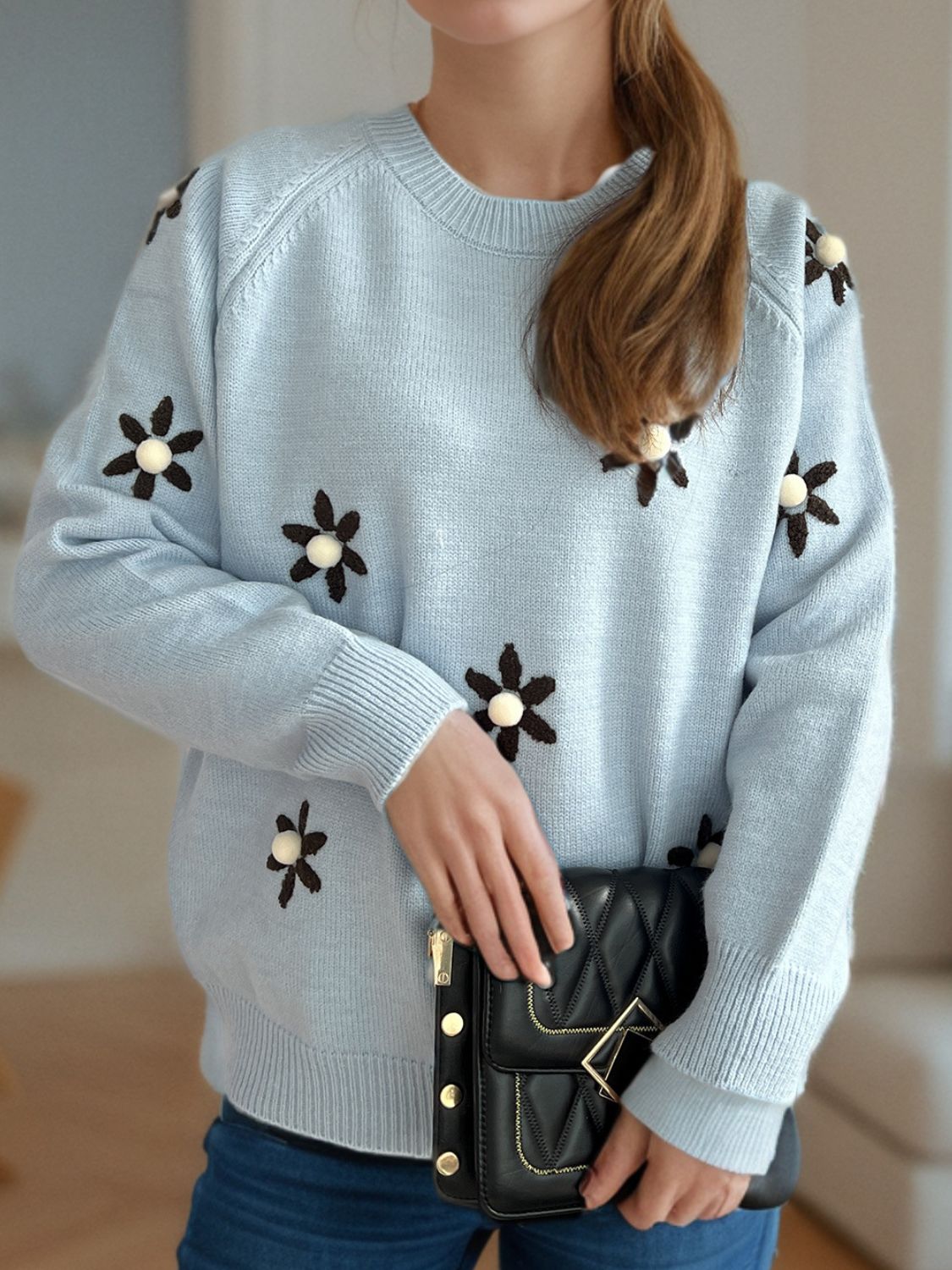 Flower Round Neck Raglan Sleeve Sweater