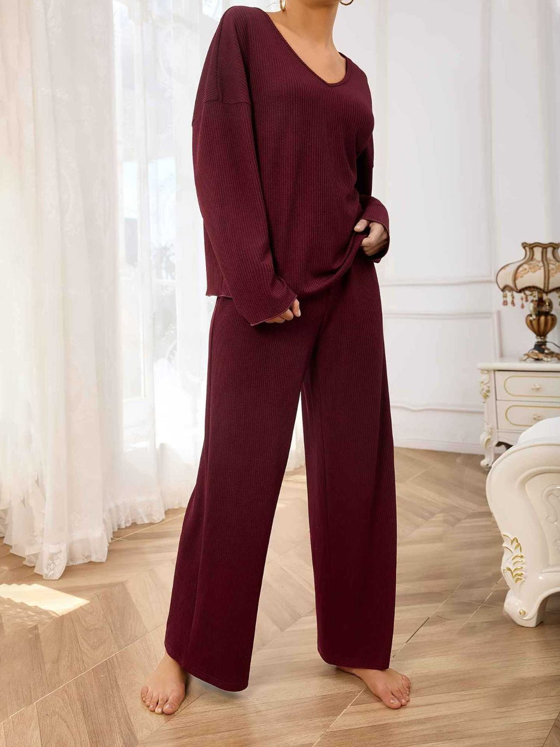 V-Neck Long Sleeve Top and Wide Leg Pants Set