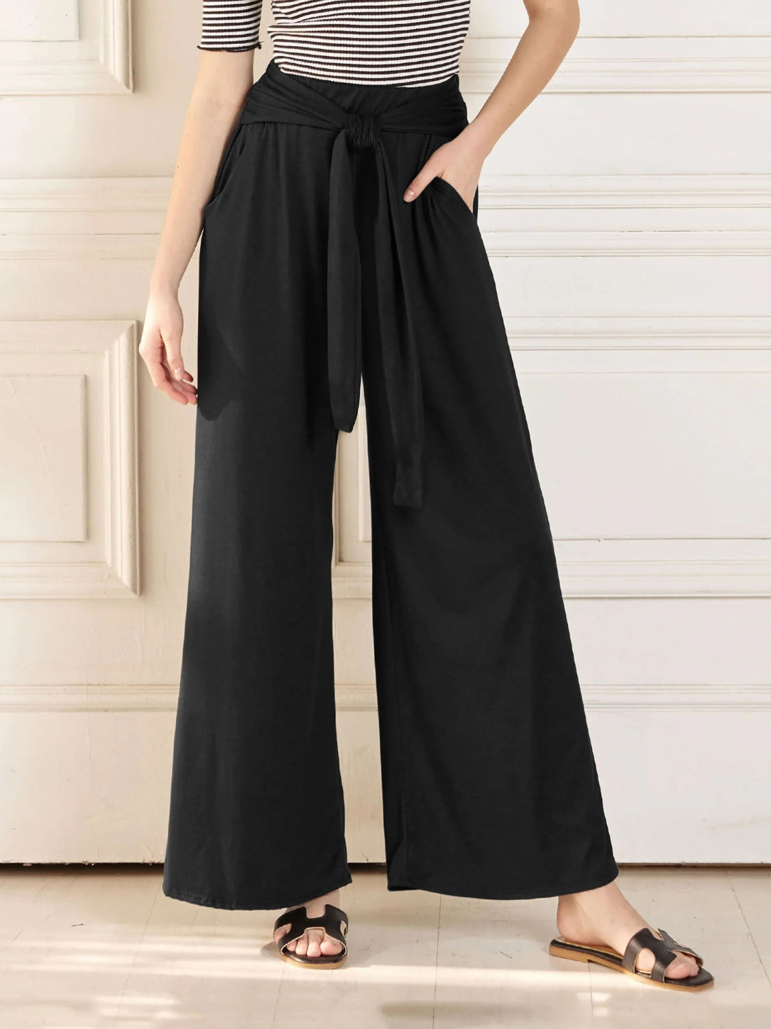 Tied Wide Leg Pants with Pockets