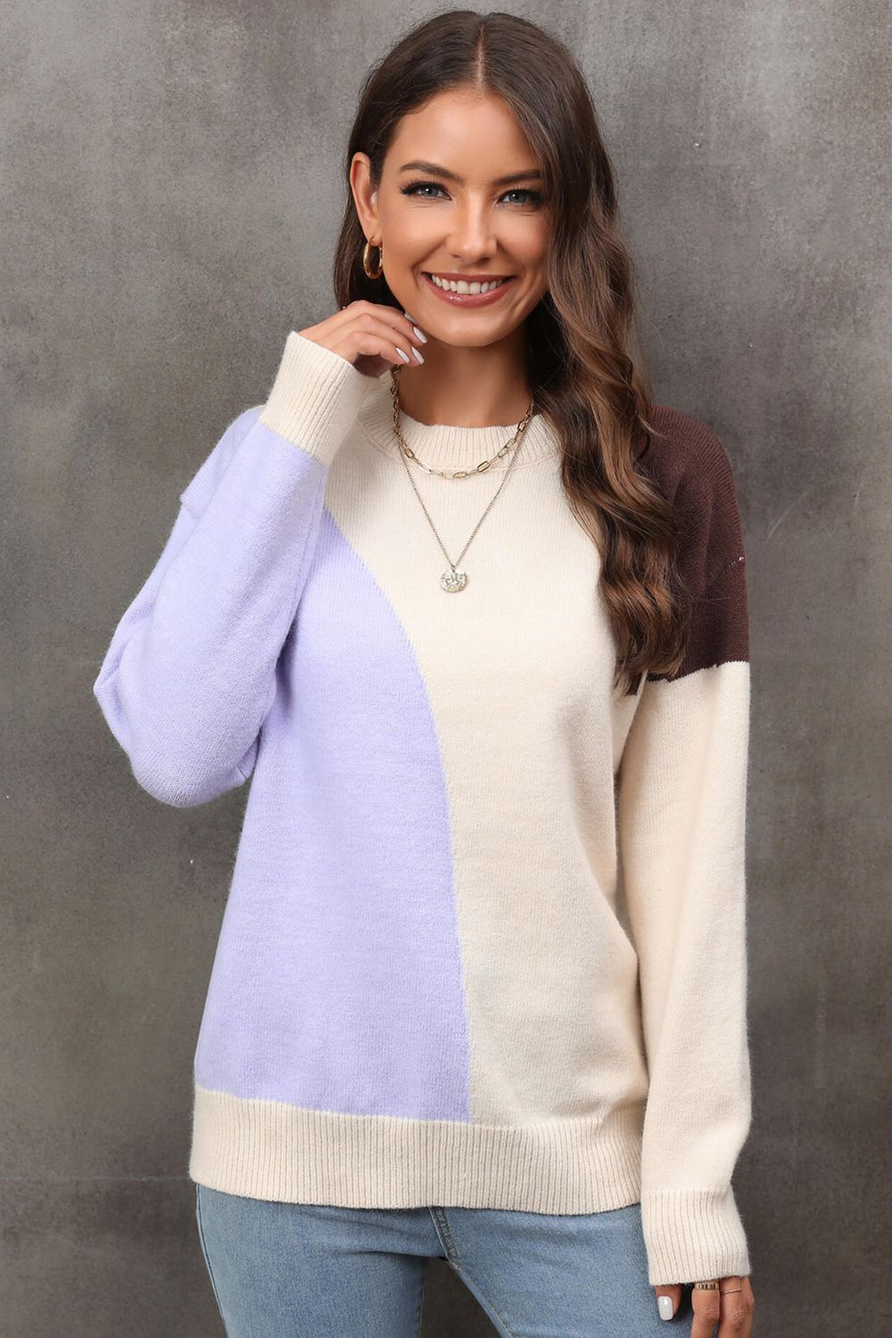 Angel Wings Color Block Ribbed Cuff Drop Shoulder Sweater