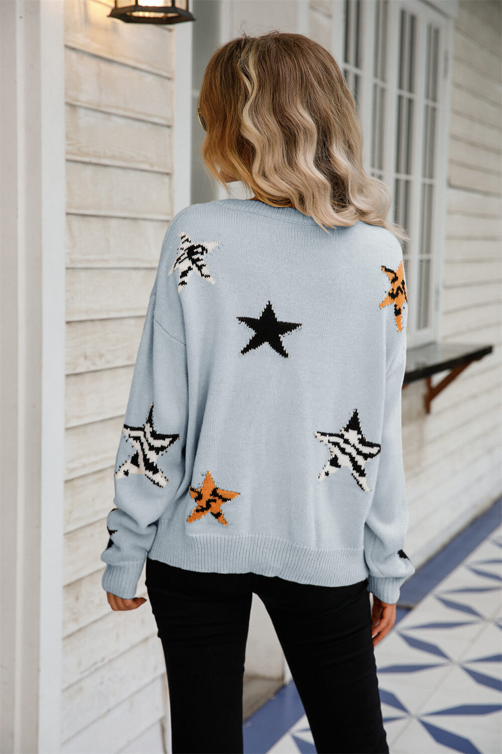 Angel Wings Star Pattern Round Neck Dropped Shoulder Sweater