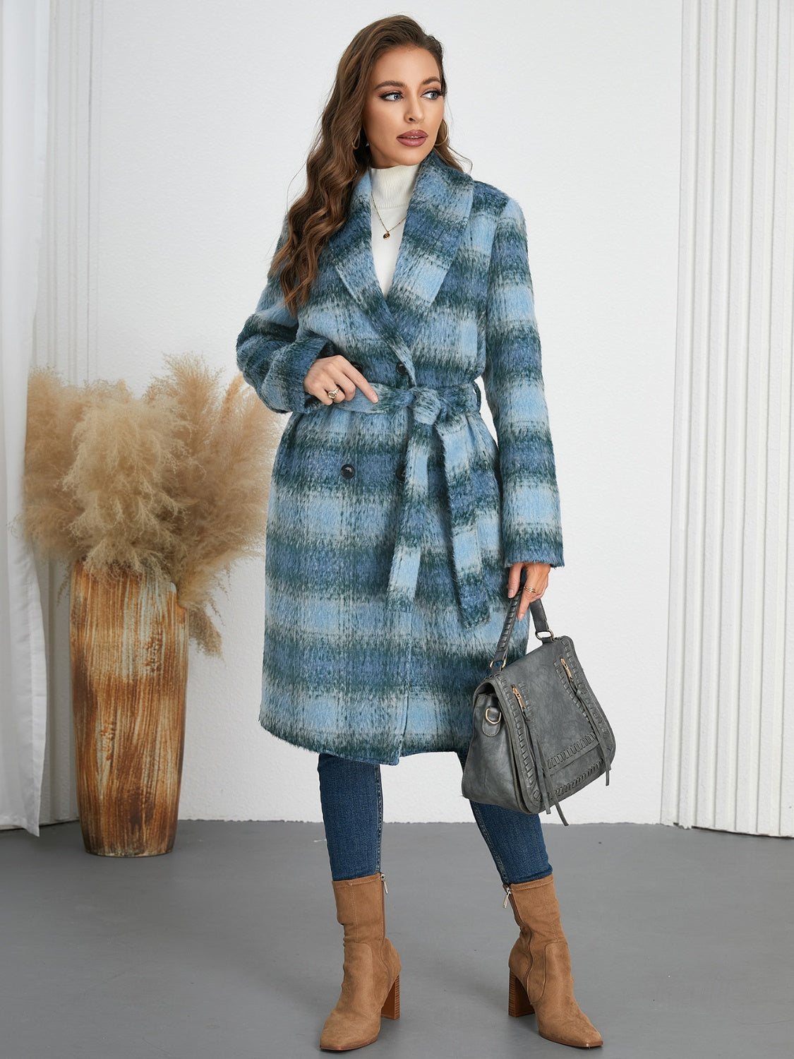 Plaid Tie Waist Long Sleeve Coat