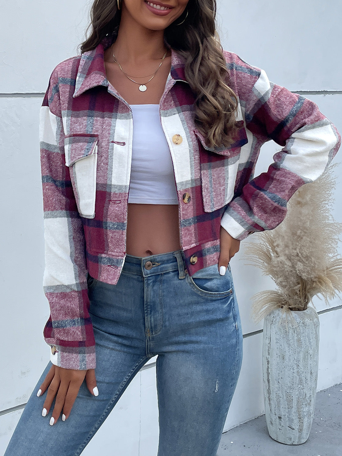 Perfee Plaid Button Up Drop Shoulder Cropped Jacket