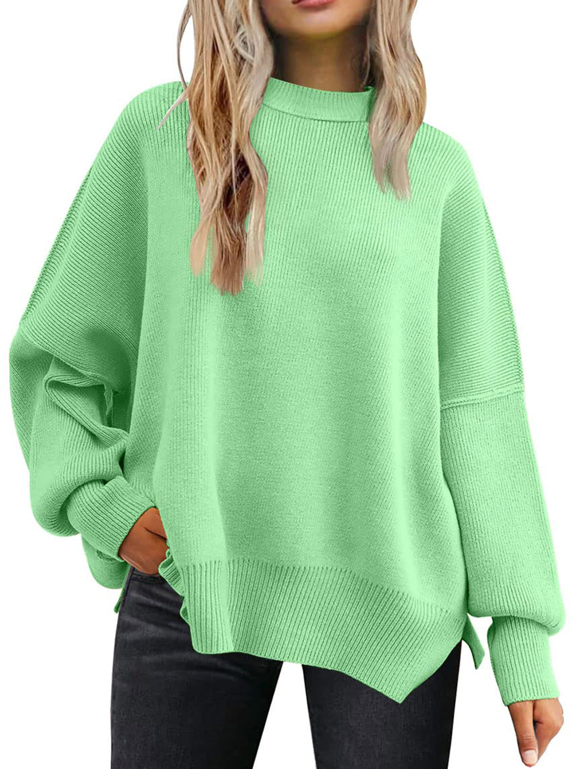 Slit Round Neck Dropped Shoulder Sweater