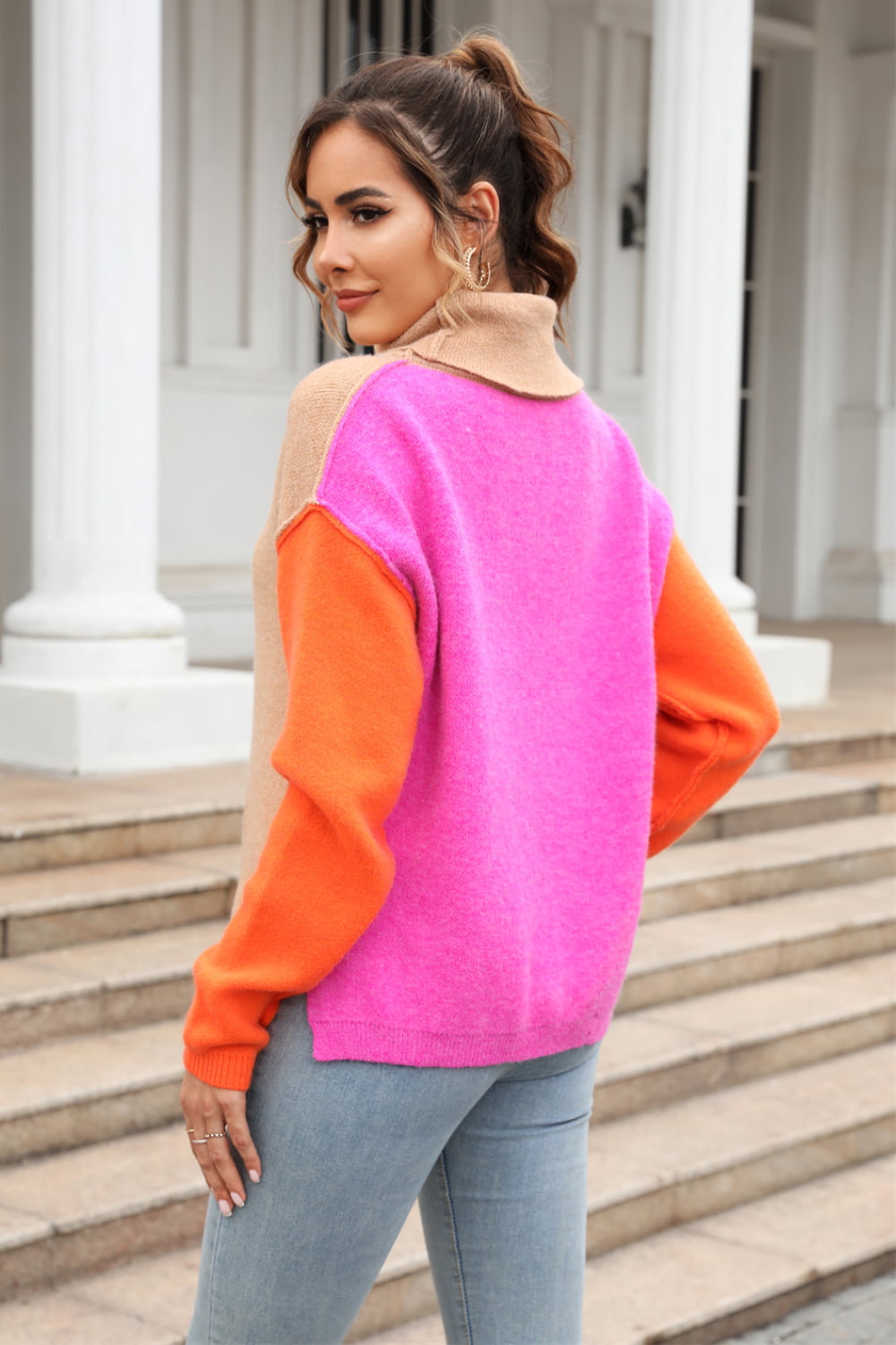 Angel Wings Color Block Turtleneck Slit Sweater